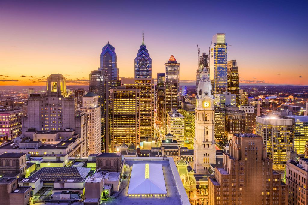 Courier Service Philadelphia - Brightly Lit Philadelphia Skyline at Twilight Looking West